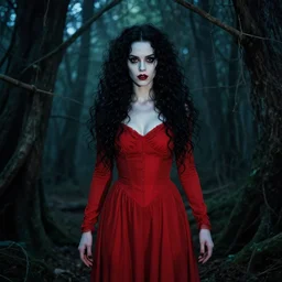 in the style of brandon woelfel, full body, pretty alyson hannigan, evil dead demon, evil dead movie, red dress, brandon woelfel, symmetrical eyes, symmetrical face, long curly black hair, trees, forest, branches, cinematic lighting, evil dead creature, scary