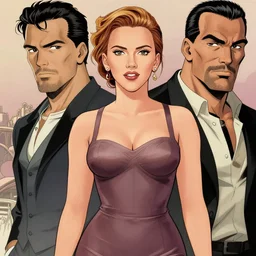 scarlett johansson in a sexy dress, by milo manara, and jack kirby