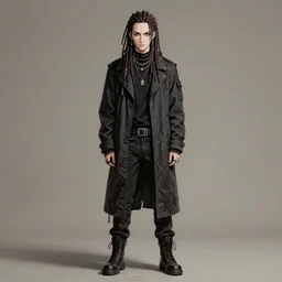 portrait of an aesthetic punk goth guy with long dreads, muted colors, dull colors, anime, detailed anime, hyper detailed anime, realistic anime, hyper realistic anime, cel shading, toon shading, straight on, hd, 4 k, 2 point studio lighting, detailed, highly detailed, concept art, full body character concept art,