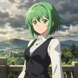 anime art, anime key visual of elegant young female, short green hair and large eyes, white blouse, black vest, finely detailed, tool album cover
