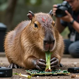photo of capybara eating a gpu, highly detailed, high quality, hd, 4 k, 8 k, canon 3 0 0 mm, professional photographer, 4 0 mp, lifelike, top - rated, award winning, realistic, sharp, no blur, edited, corrected, trending