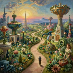 a whimsical matte painting of a winding path through fantasy dream worlds, vast surreal landscapes and horizon by asher durand and cyril rolando and natalie shau and heironymous bosch, megastructures inspired by the garden of earthly delights, insanely detailed and intricate, sense of awe