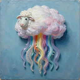 3d high relief painting of sea like jelly, Rainbow sheep like cotton candy, dreamy, soft , highly detailed,  expressive impressionist style, painted with a palette knife, in the style of Yuri Anatolyevich Obukhovskiy