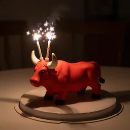 cake in shape of a bull in a dim lit room, red, photography, 8 k, featured on flickr, birthday candles, candle sparkles, dim light