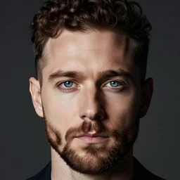 a photo of a forward - facing white man. round oval face, blue eyes, brown thick stubble, dark brown short curly hair with shaved sides