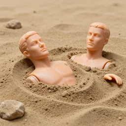 plastic mannequins drowning in quicksand on epstein island, highly detailed facial expressions