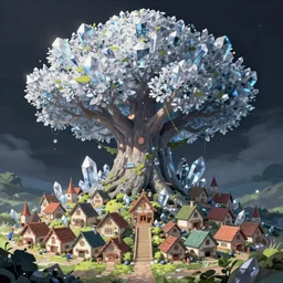 a populated gnome town at the base of a large crystal tree, anime art, unreal render, hyper detailed drawing, intricate, anime key visual, manga, digital painting, artstation, hard focus, symmetry, illustration, landscape