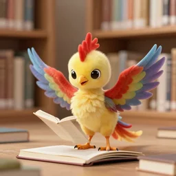 a cute adorable phoenix fledgling learning to read in a library #MMO