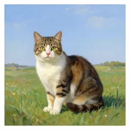 A painting of a cat under the sky in a field, by (Norman Rockwell, Leonardo da Vinci, Ross Tran, Claude Monet), Trending on Artstation