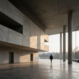 realistic interior of a brutalist museum, blurred silhouette of person walking in the distance, Godrays at sunset, hard shadows, volumetric fog, Hyper realistic film photography by Yohji Yamamoto, Zeiss 24mm f2.8, Hasselblad, insanely detailed, sharp focus