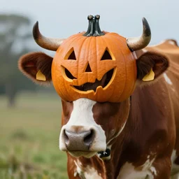 headless cow with prosthetic pumpkin head, photorealistic, 8 k