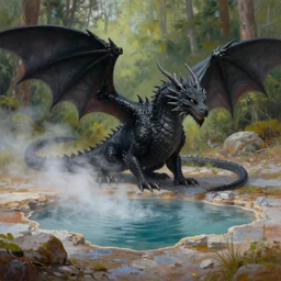 highly detailed oil painting of a black dragon in the middle of a geothermal hotspring in the woods, featured on artstation
