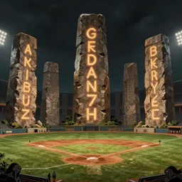 baseball field scene, colossal megalithic monoliths with glowing runes. highly detailed pulp sci - fi illustration art. rich colors, high contrast, gloomy atmosphere, dark background.