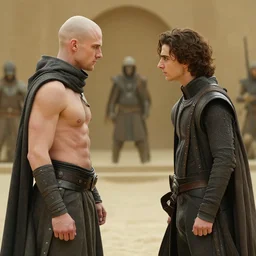 dagger-fight: profile of bald_hairless_Austin_Butler_as_Feyd-Rautha_Harkonnen versus profile of Timothee_Chalamet_as_Paul_Atreides, in an arena fight-pit, film still from movie Dune-2021, golden ratio