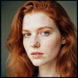 portrait a red headed woman, close up. nikon 2 9 mm f / 0. 8, cinelux asa 1 0 0, medium - format print.