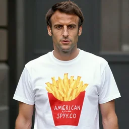 Emmanuel Macron wearing fries tee-shirt in American Psycho (1999)