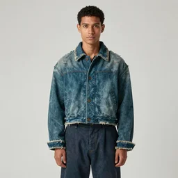 an award - winning photo of a male model wearing a cropped baggy teal distressed medieval menswear harrington jacket by issey miyake, 4 k, studio lighting, wide angle lens
