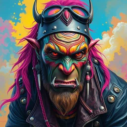 portrait of an apocalyptic scifi orcish biker character, vibrant psychedelic colors, futuristic punk rock fashion, studded leather jacket, face tattoos, oil painting by michael whelan
