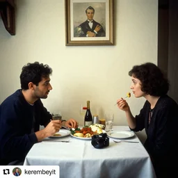 a man and a woman sitting at a table with a plate of food, a pastel by kerembeyit, instagram, neo - romanticism, photo taken with ektachrome, dslr, lomo