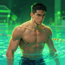 cyberpunk male olympic swimmer, pool, digital painting, green neon, bokeh, detailed, highly detailed, smooth, sharp focus, illustration by ruan jia and mandy jurgens and william - adolphe bouguereau, artgerm