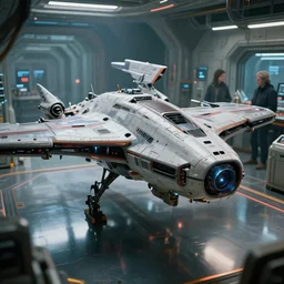 ( cyberpunk 2 0 7 7, bladerunner 2 0 4 9 ) scientists creating an artificial alien highly detailed futuristic biomechanical thick smooth quad wing combat spaceship in their spaceship lab, realistic,, sharp, deep depth of field, photography, natural light,, ultra detailed, photorealistic, reflection, refraction, by brian sum and annie leibowitz,