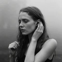 award winning photo of some nostalgia as terrence malick would depict it, she is 2 3, skinny and beautiful and listens to oathbreaker, she is deaf but lives out of time, black and white, the background is pure vengeance, insanely detailed, closeup, foggy like in norwegian black metal aesthetic