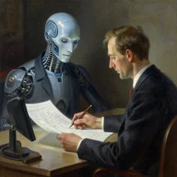 a stunning painting of a artificial intelligence preparing plans by thomas kinkade and john aktinson grimshaw, matte painting, moody palette