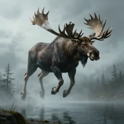 ancestral spirit of a huge moose hovering above a foggy lake, dark souls inspired, elden ring inspired, octane render, rtx, unreal engine 5, digital painting, trending on artstation, highly detailed, epic composition, 8 k uhd