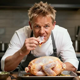 highly detailed portrait of gordan ramsay eating raw chicken, unreal engine render, digital art