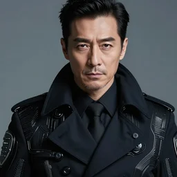 classy classy elegant sophisticated very up close portrait of a middle aged male policeman ， strong, pale skin, stubble, black windbreaker ， eagle's eyes ， ryuichi sakamoto ， cyber future jacket, ultra detailed wire decoration, fantasy art by nixeu and guweiz and ilya kuvshinov, sleek curves, intricate sharp focus, trending