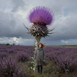 portrait, giant thistle flower head, a girl wearing coat in heather field, surreal photography, wind and cold, dramatic sky, impressionist painting, digital painting, artstation, simon stalenhag