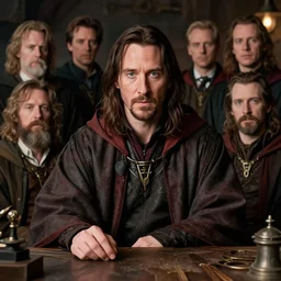 keanu reeves as a wizard sitting in a tavern, portrait by gaston bussiere, j. c. leyendecker, craig mullins, donato giancola, greg rutkowski, symmetry!!, realistic face, highly detailed, sharp focus