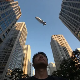 looking up into the sky, first person view, surrounded by Neo Tokyo sky scrapers, shadows, large unidentified flying craft floating in the blue sky, golden hour