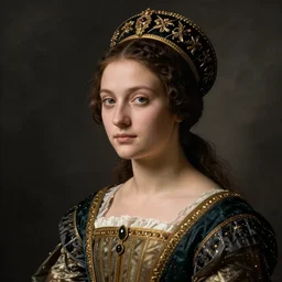portrait of young woman in renaissance dress and high headdress, art by sandro botticelli