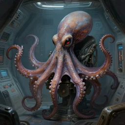 close portrait of a creepy scary octopus alien in space ship quarters, 1 9 7 0 s, diffuse lighting, fantasy, intricate, elegant, highly detailed, lifelike, digital painting, cinestill 8 0 0 t 2 0 0 mm, concept art, frank frazetta, marco bucci, loish, rossdraws, artgerm
