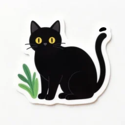 black cat and plant illustration vinyl sticker, one sticker with white background, trending on instagram, sigma 8 5 mm f / 1. 4