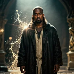 holy saint kanye west in skyrim, morrowind, jesus splash art, movie still, cinematic lighting, dramatic, octane render, long lens, shallow depth of field, bokeh, anamorphic lens flare, 8 k, hyper detailed, 3 5 mm film grain