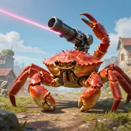 shoulder shot of a huge gigantic crab with a [ shooting ] [ star - wars ] [ blaster - turret ] attached to its back crawling towards a village, [ laser ] [ turret ] [ attached ] to top of crab, xf iq 4 f 5. 6 iso 2 0 0, mcquarrie