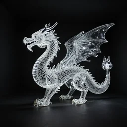 a dragon made out of clear glass in an empty black room