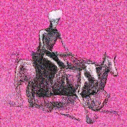 The digital art features a human figure driving a chariot. The figure is skeletal and frail, with a large head and eyes. The chariot is pulled by two animals, which are also skeletal and frail. magenta by Adrian Tomine, by Vittorio Matteo Corcos distorted, intuitive