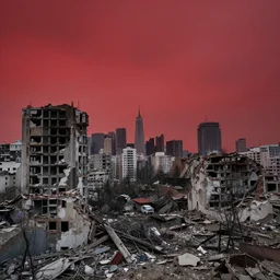 a completely destroyed city with a red sky
