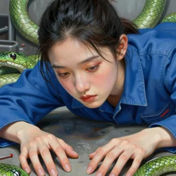 3 d, close - up, fashion model in a blue factory worker's overalls face looking down at the floor eyes sad tentacles instead of hands, green snakes background, soft light, smooth face feature, intricate oil painting, high detail illustration, sharp high detail, manga and anime 1 9 9 9, paper texture