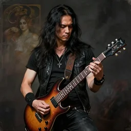 a malaysian man with long hair playing electric guitar, metalhead clothes, dark, very beautiful, artstation, high quality, sharp, hyperrealistic, dramatic lighting, loose brush strokes, by greg rutkowski, by artgerm, by alphonse mucha