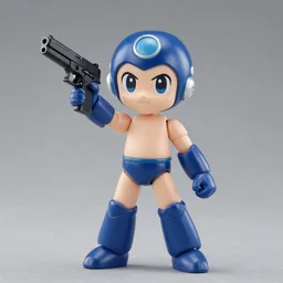 a nendoroid of mega man holding a glock 1 9, detailed product photo