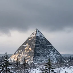 a monolithic pyramid on the horizon in a taiga. overcast sky, snowing.