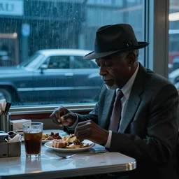 movie scene of an old black detective wearing a fedora hat at, breakfast in a diner. cool blue lighting, moody vibe, rainy day, dark knight ( 2 0 0 8 ) set in 1 9 8 2. light haze. cadillac. cinemascope. scorcese. fred herzog
