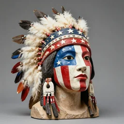 a beautiful portrait sculpture designed by Sandra Chevrier, American  Indian head dress, American stars and stripes on face
