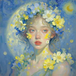 portrait of a beautiful girl, covered in flowers, intimate, pastel shades of blue and yellow, beautiful face, rule of thirds, spotlight, expressive, passionate, by greg rutkowski, by jeremy mann, by francoise nielly, by vincent van gogh, digital painting