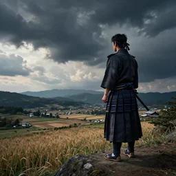 A samurai standing on a Hill gazing at dramatic japanese Fields, dramatic sky, cinematic shot, cinematic angle, highly detailed art, digital art, 8k