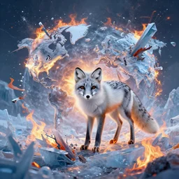 surrealistic arctic fox surrounded by fire and ice and destruction in the center of world photorealistic hyperrealistic symmetrical detailed fractal